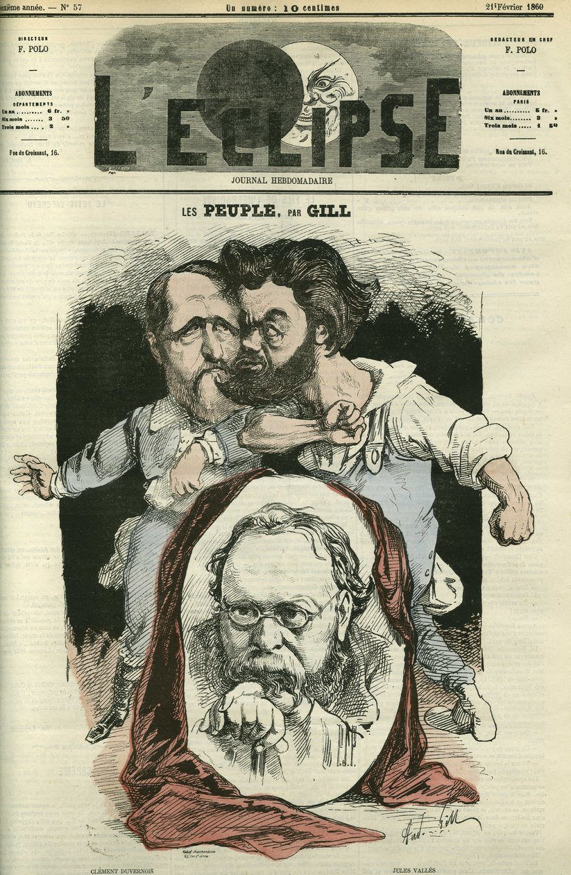 Les Peuples, med Clement Duvernois (1836-1879), Pierre-Joseph Proudhon (1809-1865) og Jules Valles (1832-1885), forfattere og politikere. Omslag i "" L