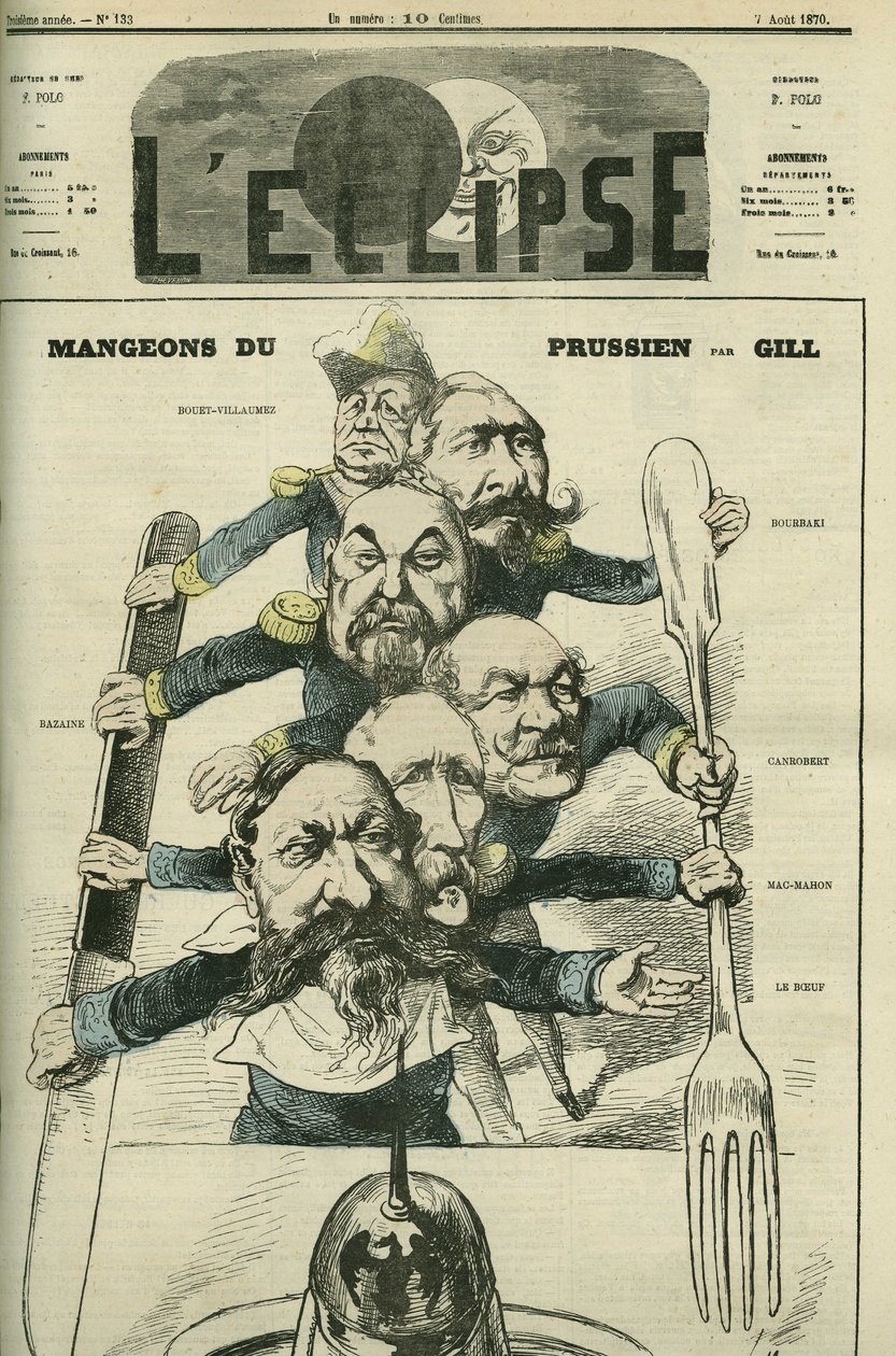 La oss spise prøyssisk med generalene Le Boeuf (1806-1893), Mac-Mahon (1808-1893), Francois Achille Bazaine (Francois-Achille) av Andre Gill