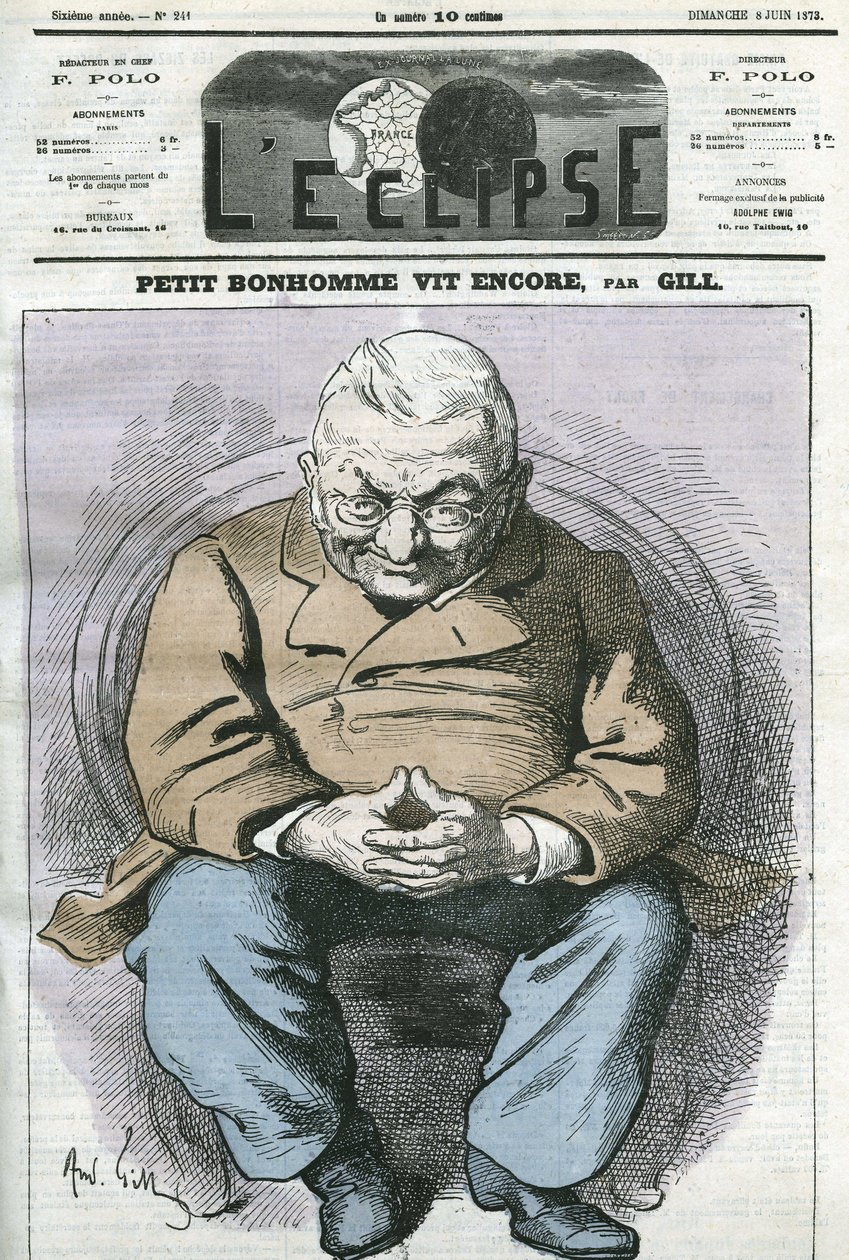 Lille mann lever fortsatt, tegneserie av Adolphe Thiers (1797-1877), fransk statsmann. Omslag i "" L'Eclipse"" av Gill, 8. juni av Andre Gill