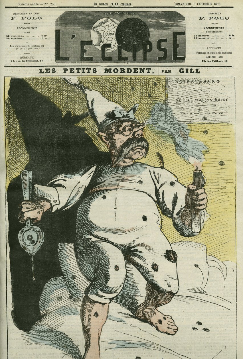 Små biter, karikatur av William I (1797-1888), konge av Preussen og keiser av Tyskland. Omslag i "" L'Eclipse"" av Gill, 5. oktober av Andre Gill
