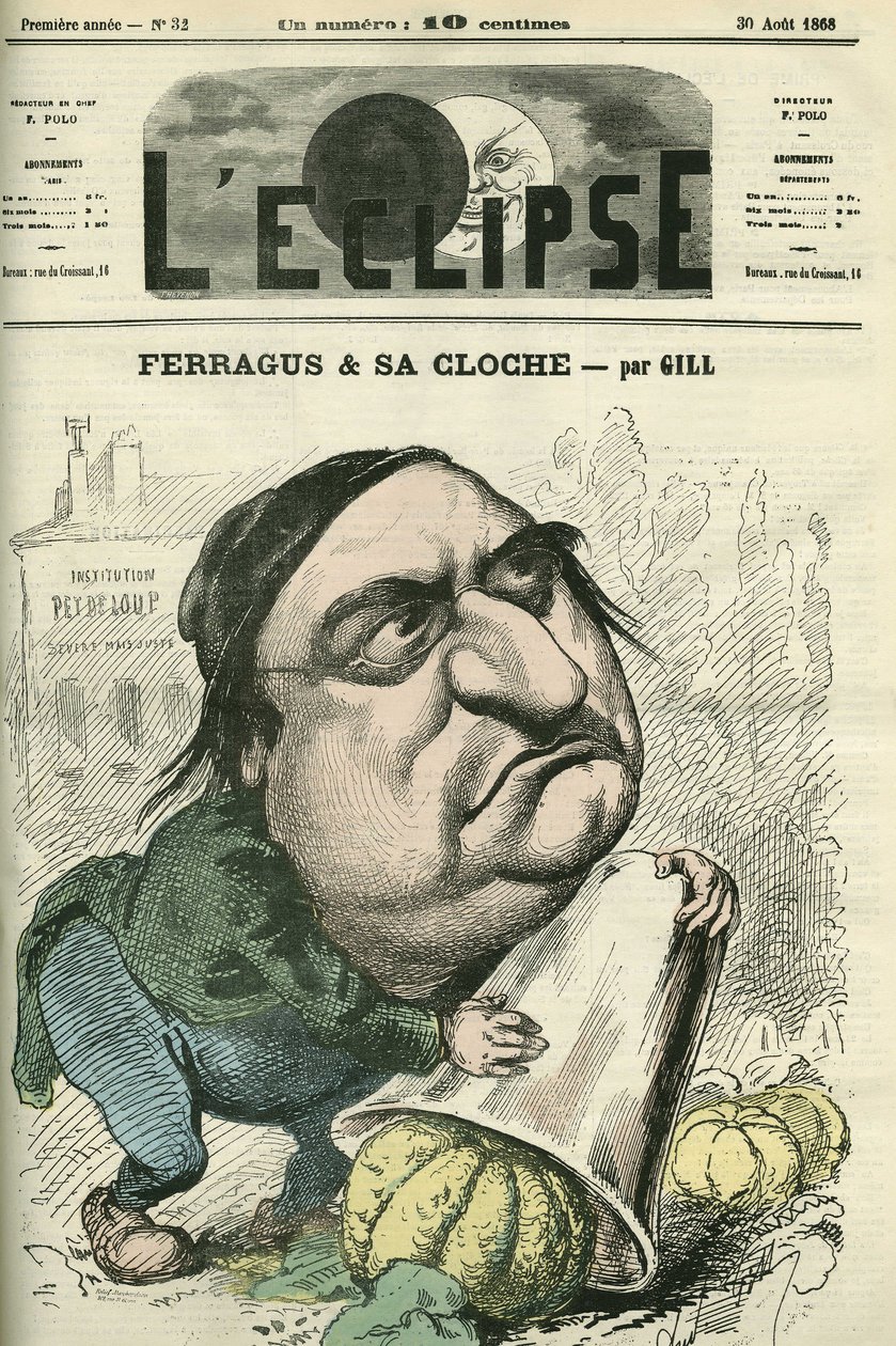 Louis Ulbach dit Ferragus (1822-1889), sjefredaktør for avisen «La Cloche», fransk forfatter og journalist. Omslag i "" L