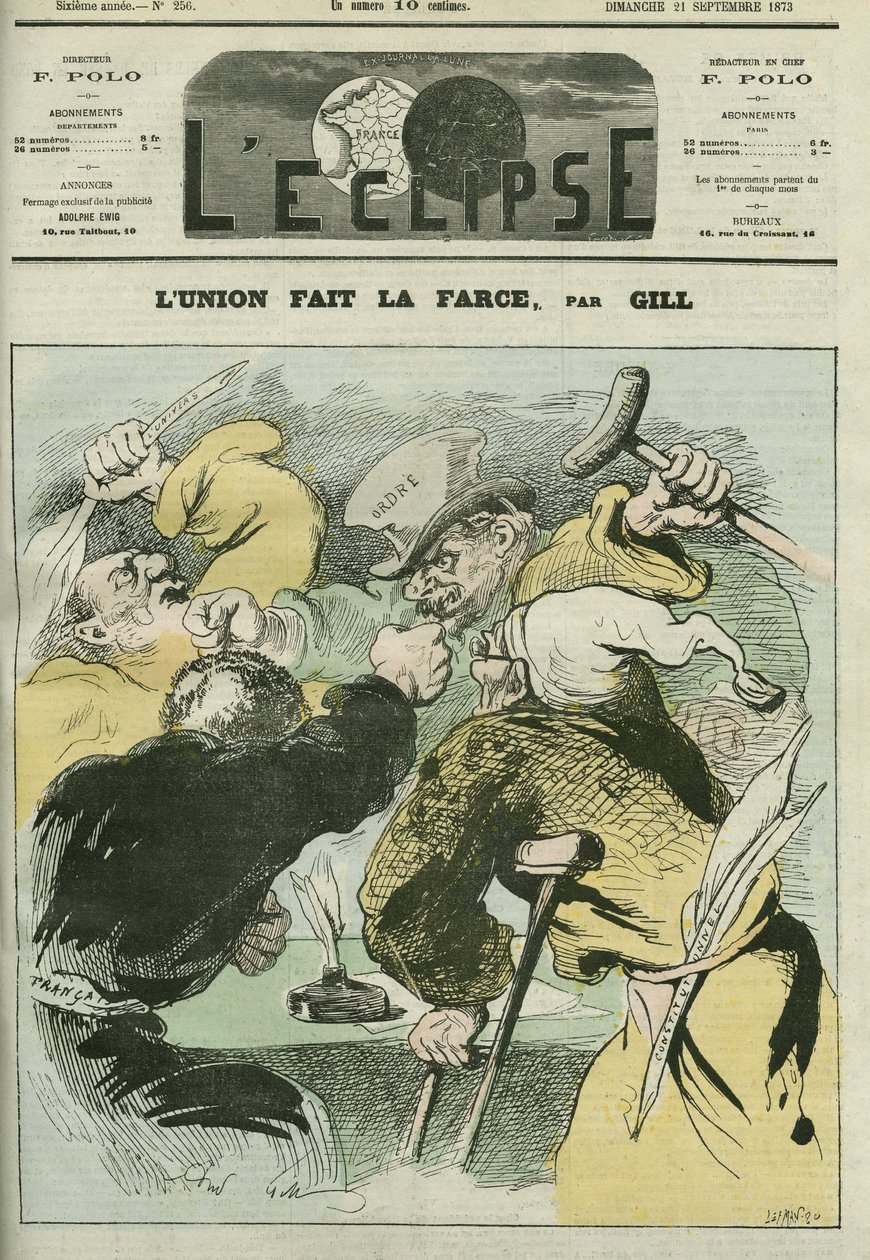 Lunion lager farsen", karikatur av de politiske avisene "L'ordre", "" Constitutional", "" Le Francais" og "" L'Univers", og kranglet. Omslag i "" L'Eclipse"" av Gil av Andre Gill