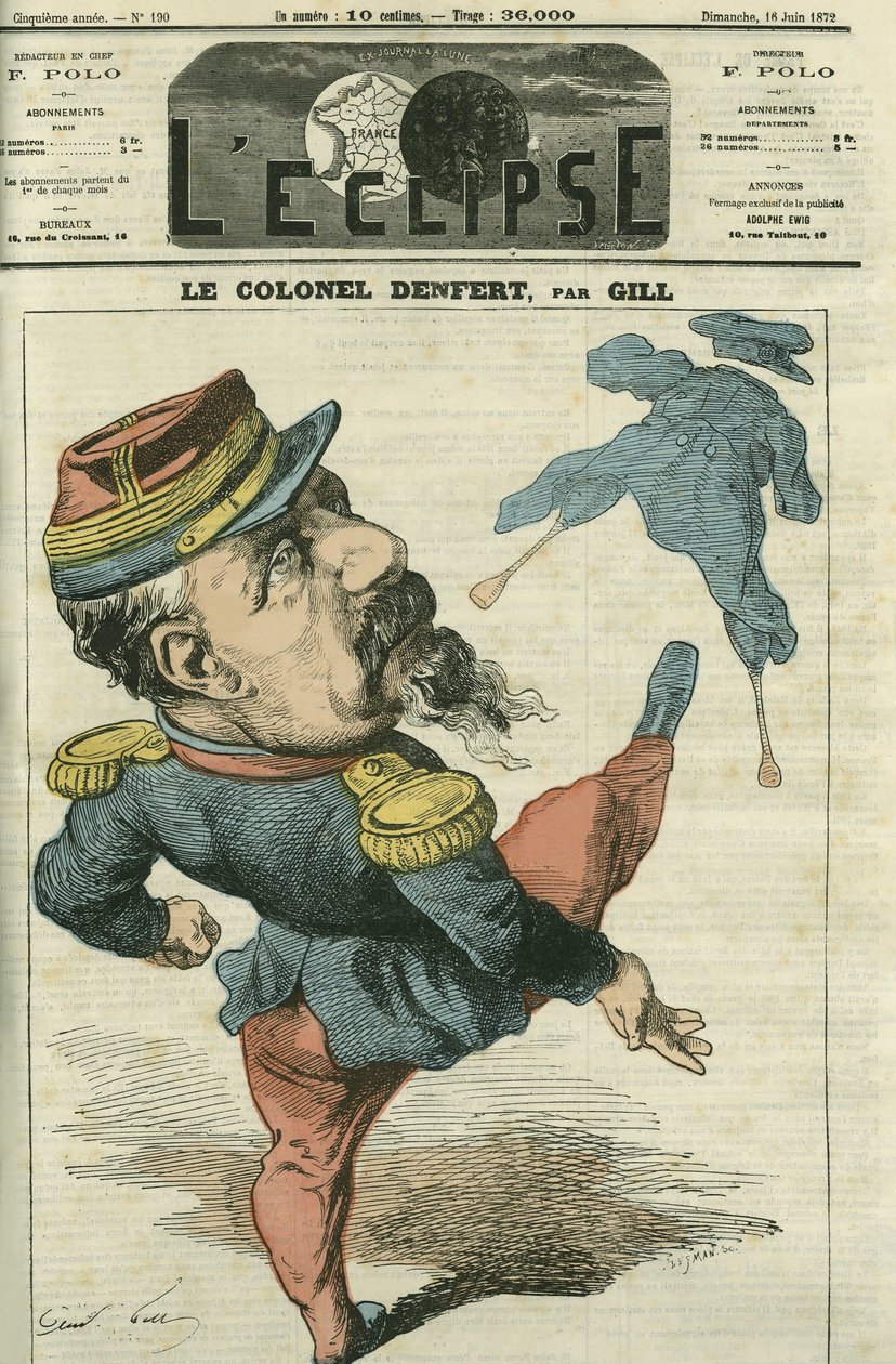 Pierre Philippe Denfert-Rochereau (Denfert Rochereau) (1823-1878), fransk soldat og politiker. Cover i "" The Eclipse"" av Gill, 16. juni av Andre Gill