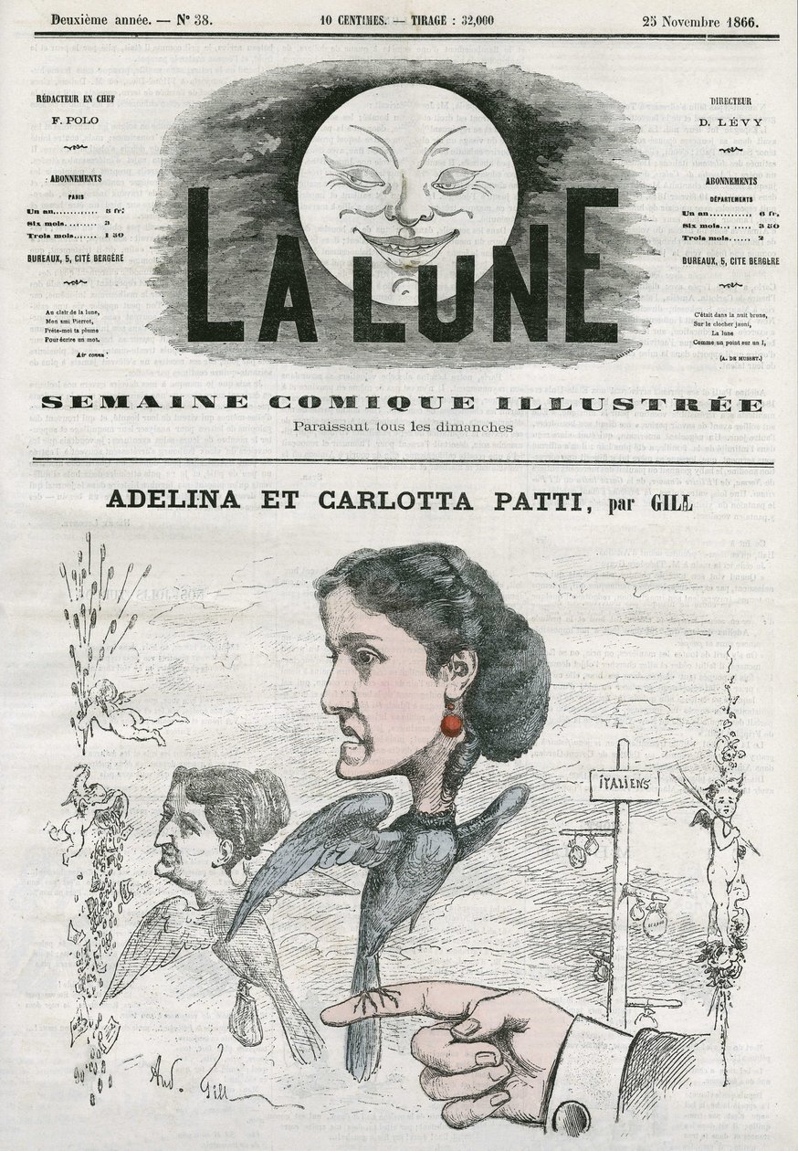 Portrett av Adelina (1843-1919) og Carlotta Patti (1835-1889), italienske operasangere. Tegneserie av Gill, i "The Moon", 25. november av Andre Gill