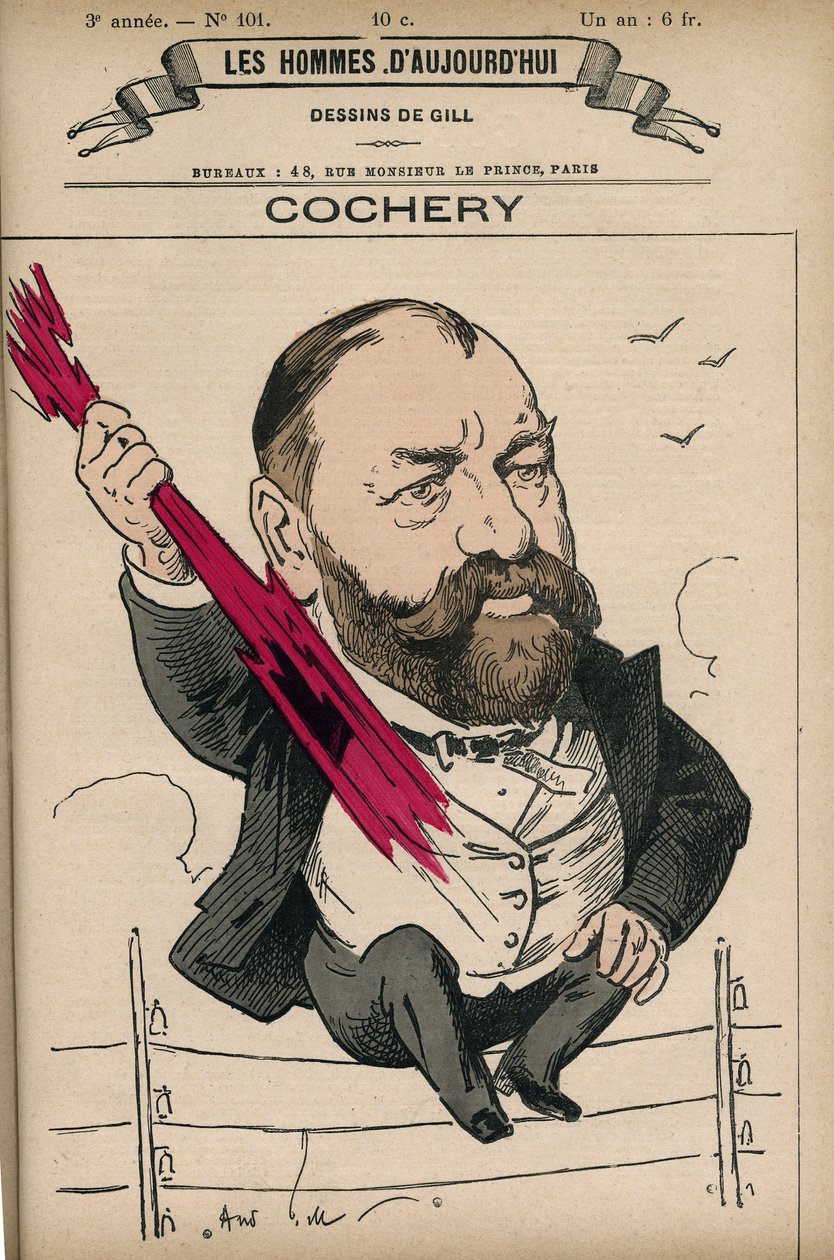 Portrett av Adolphe Cochery (1819-1900), en fransk advokat og politiker, han var grunnleggeren av Ecole Superieure de Telegraphie (den nåværende Ecole Nationale Superieure des Telecommunications). Tegneserie av Gill, Paris. av Andre Gill