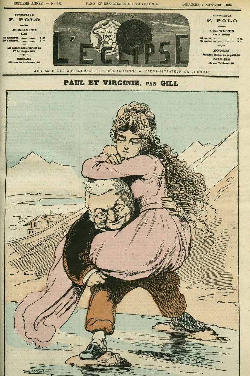 Portrett av Adolphe Thiers (1797-1877), fransk historiker og politiker, representert i "Paul et Virginie" (Republikken). Omslag i "" L
