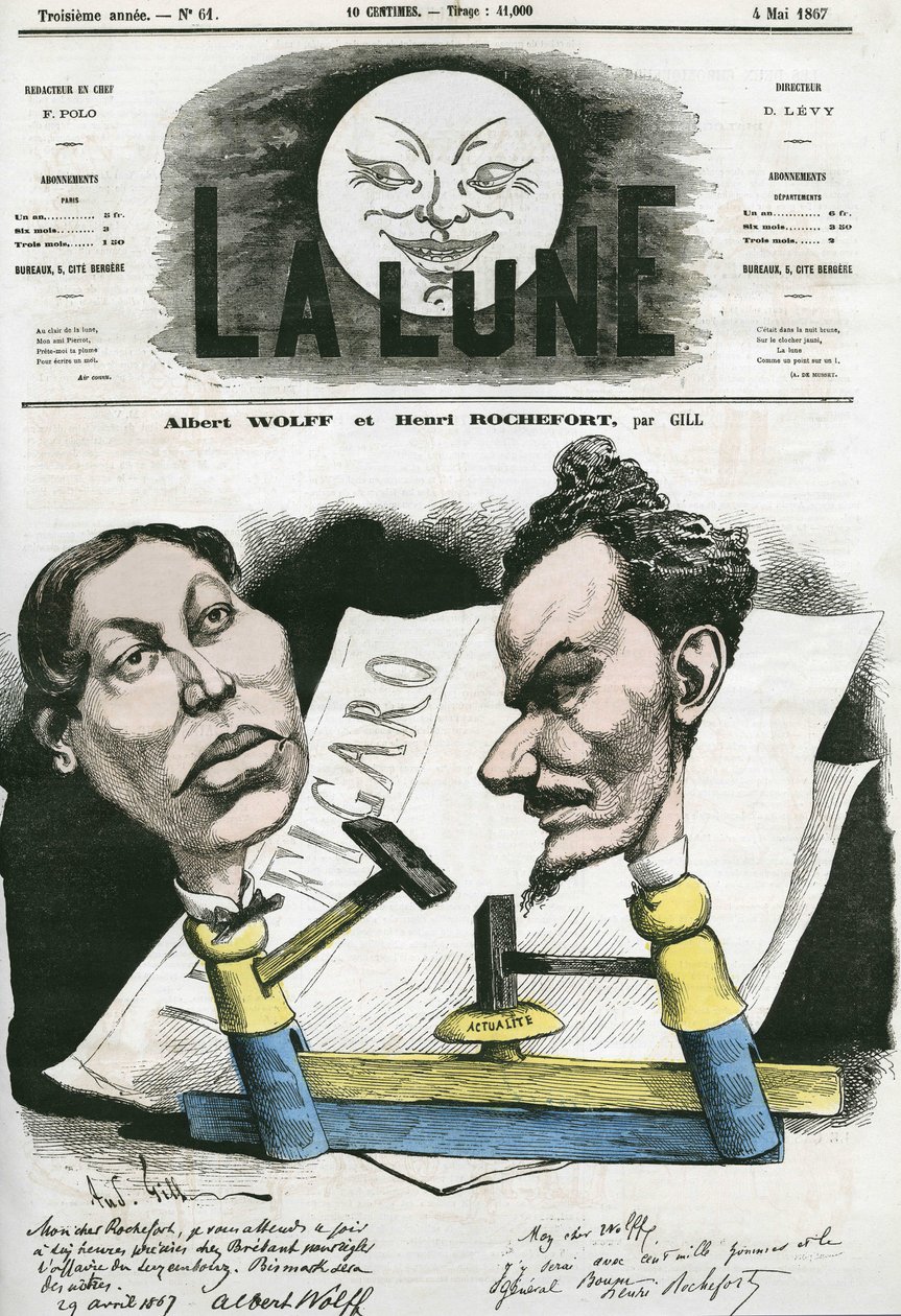 Portrett av Albert Wolff og Henri Rochefort (1831-1913) fransk journalist og politiker. Tegneserie av Gill, i "The Moon", 4. mai av Andre Gill