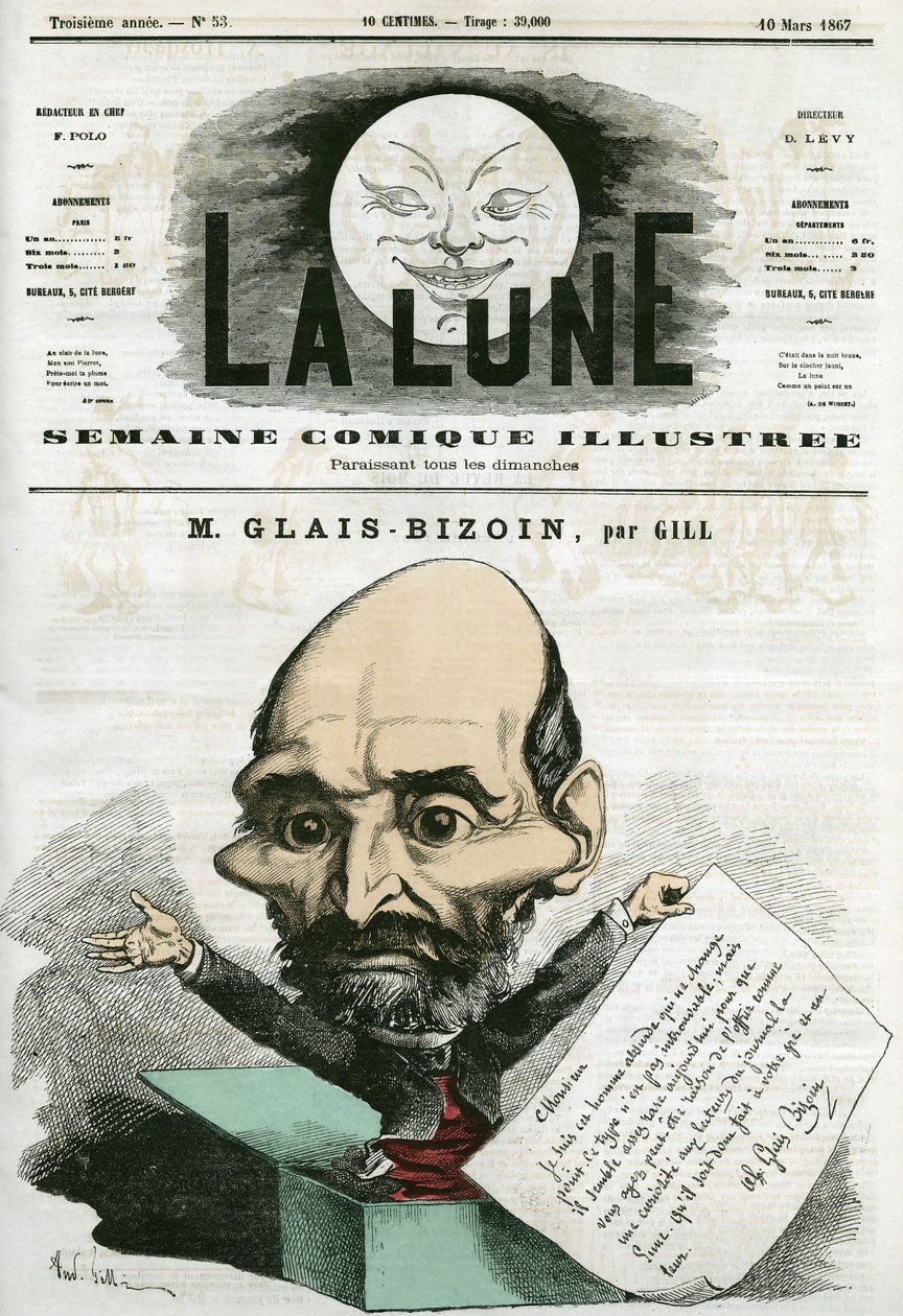 Portrett av Alexandre Glais-Bizoin (1800-1877), fransk politiker og grunnlegger av avisen "La Tribune". Tegneserie av Gill, i «La Lune», 10. mars av Andre Gill