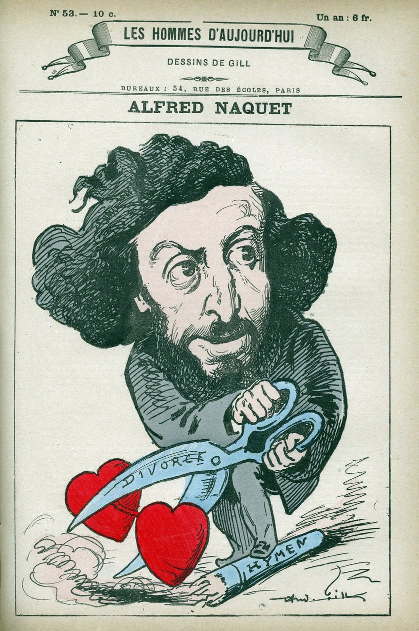 Portrett av Alfred Naquet (1834-1916), en fransk lege, kjemiker og politiker, han reetablerte loven som tillot skilsmisse i 1884. Tegneserie av Gill, Paris. av Andre Gill