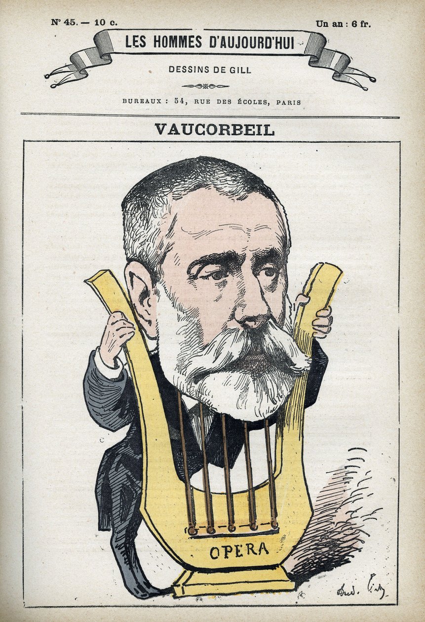 Portrett av Auguste Emmanuel Vaucorbeil (1821-1884), fransk komponist og direktør for Paris Opera. Tegneserie av Gill, Paris. av Andre Gill