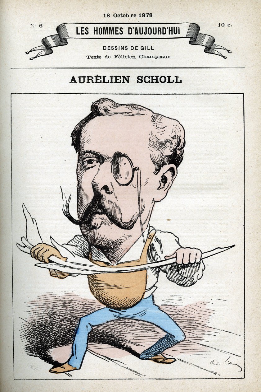 Portrett av Aurelien Scholl (1833-1902), fransk journalist, forfatter og komiker. Tegneserie av Gill, Paris. av Andre Gill