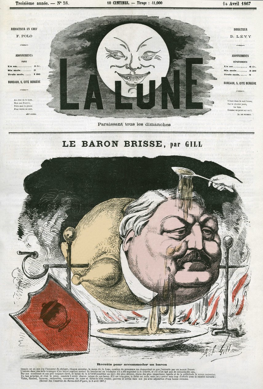 Portrett av Baron Brisse (1813-1876), fransk gastronomisk journalist. Tegneserie av Gill, i "The Moon", 14. april av Andre Gill
