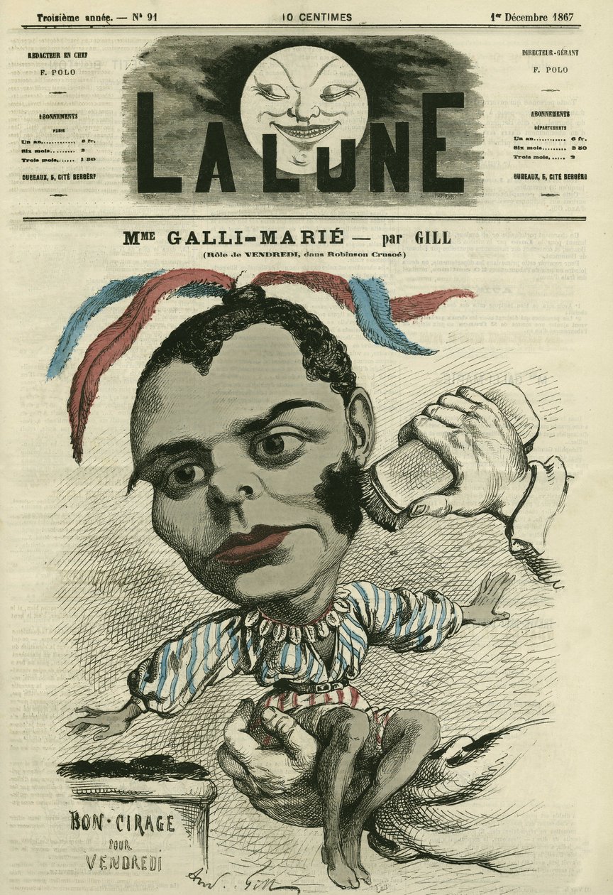Portrett av Celestine Galli-Marie (Galli Marie) (1840-1905), fransk sanger for Opera-Comique. Tegneserie av Gill, i «La Lune», 1. desember av Andre Gill