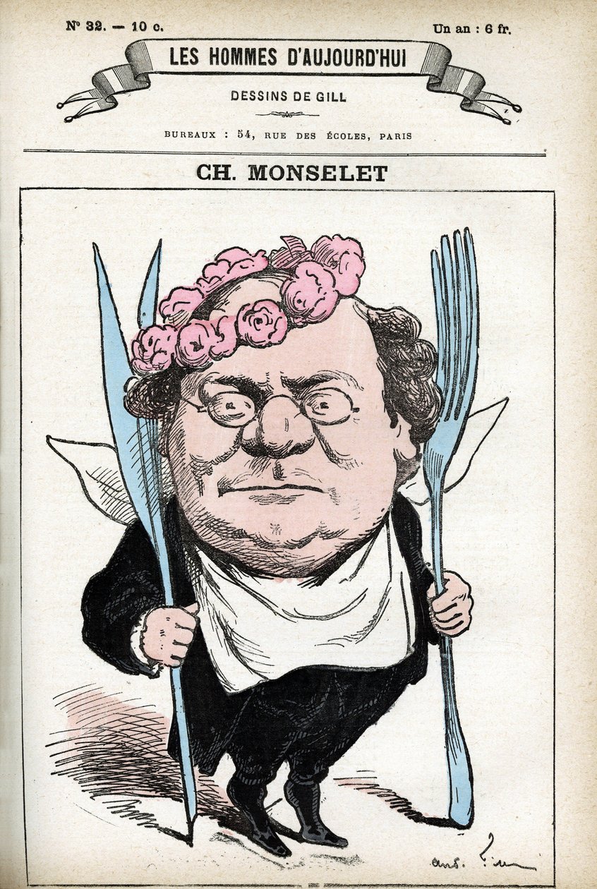 Portrett av Charles Monselet (1825-1888), fransk poet, journalist, romanforfatter og gastronom. Tegneserie av Gill, i «Les Homme d