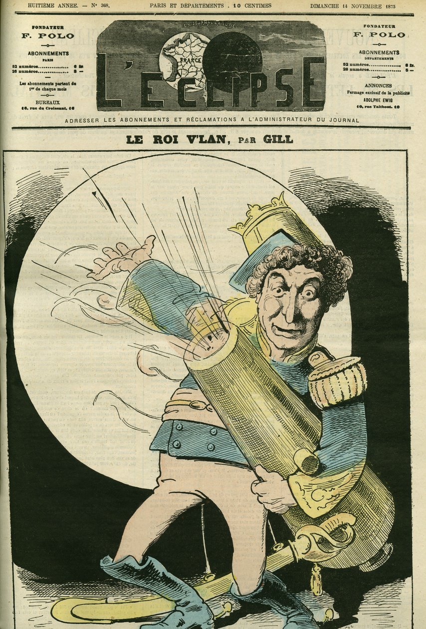 Portrett av Christian (1821-1889), fransk sanger, i rollen som kong Vlan i stykket "" Le voyage dans la lune" av Jacques Offenbach. Omslag i "" L