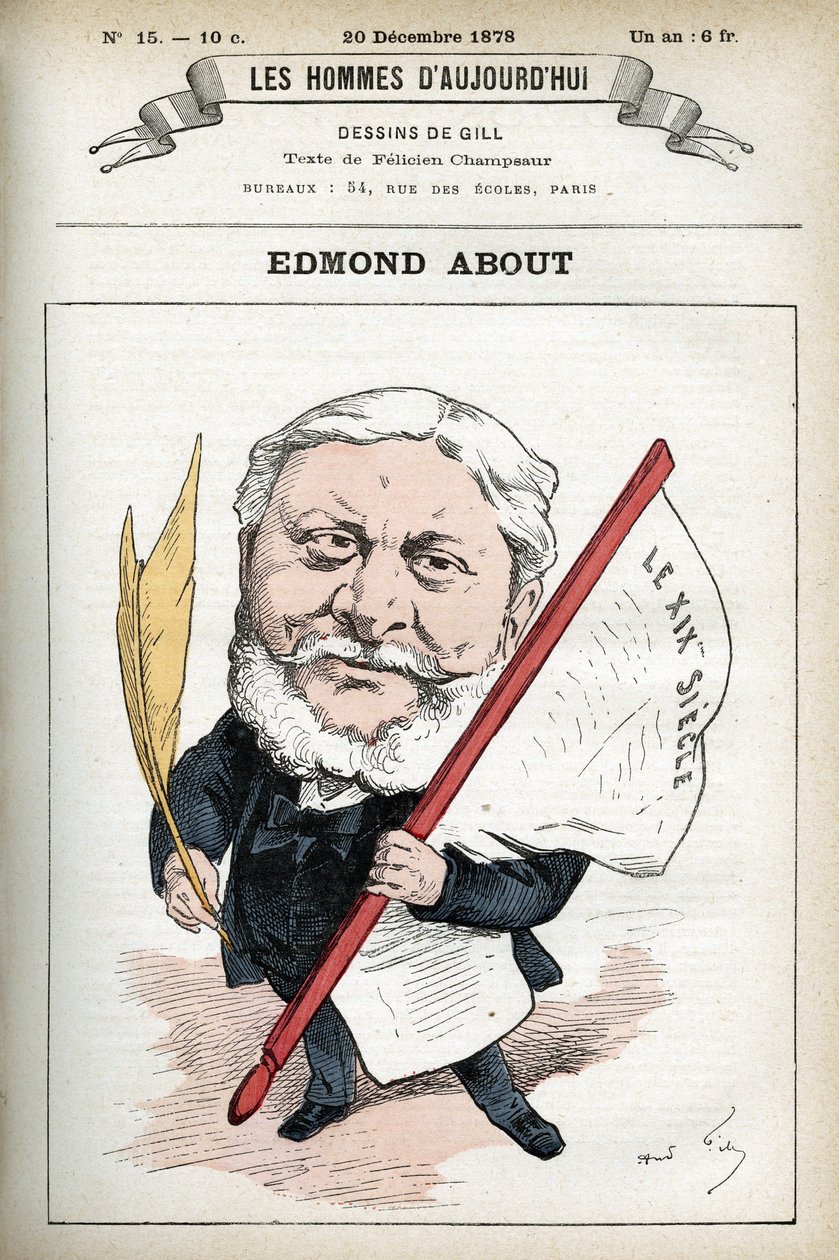 Portrett av Edmond About (1828-1885), fransk romanforfatter, dramatiker og kunstkritiker. Tegneserie av Gill, Paris. av Andre Gill