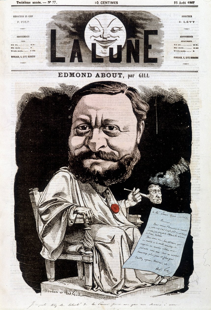 Portrett av Edmond About, fransk forfatter (1828-1885). I La lune, 25.08.1867. Karikatur av Gill. av Andre Gill