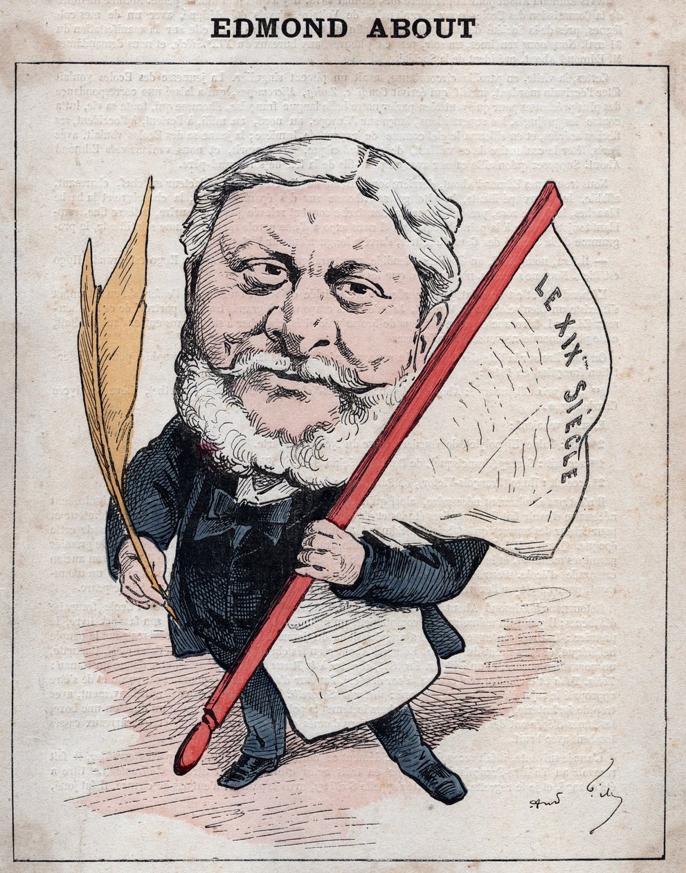 Portrett av Edmond Francois Valentin About (1828-1885) fransk forfatter, journalist og kunstkritiker Karikatur av Andre Gill, i «Les Hommes d'Today», Paris av Andre Gill