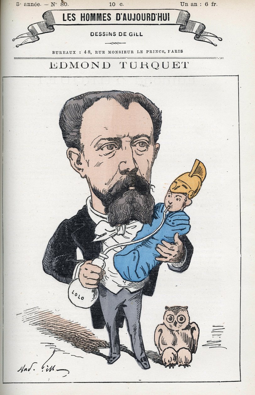 Portrett av Edmond Henri Turquet (1836-1914), en fransk politiker, han var stedfortreder for Aisne fra 1871 til 1889. Tegneserie av Gill, Paris. av Andre Gill