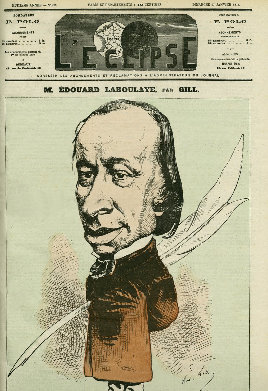 Portrett av Edouard Rene de Laboulaye (1811-1883), fransk jurist, poet og politiker, han var også oppfinneren av Statuede la Liberte. Omslag i "" L
