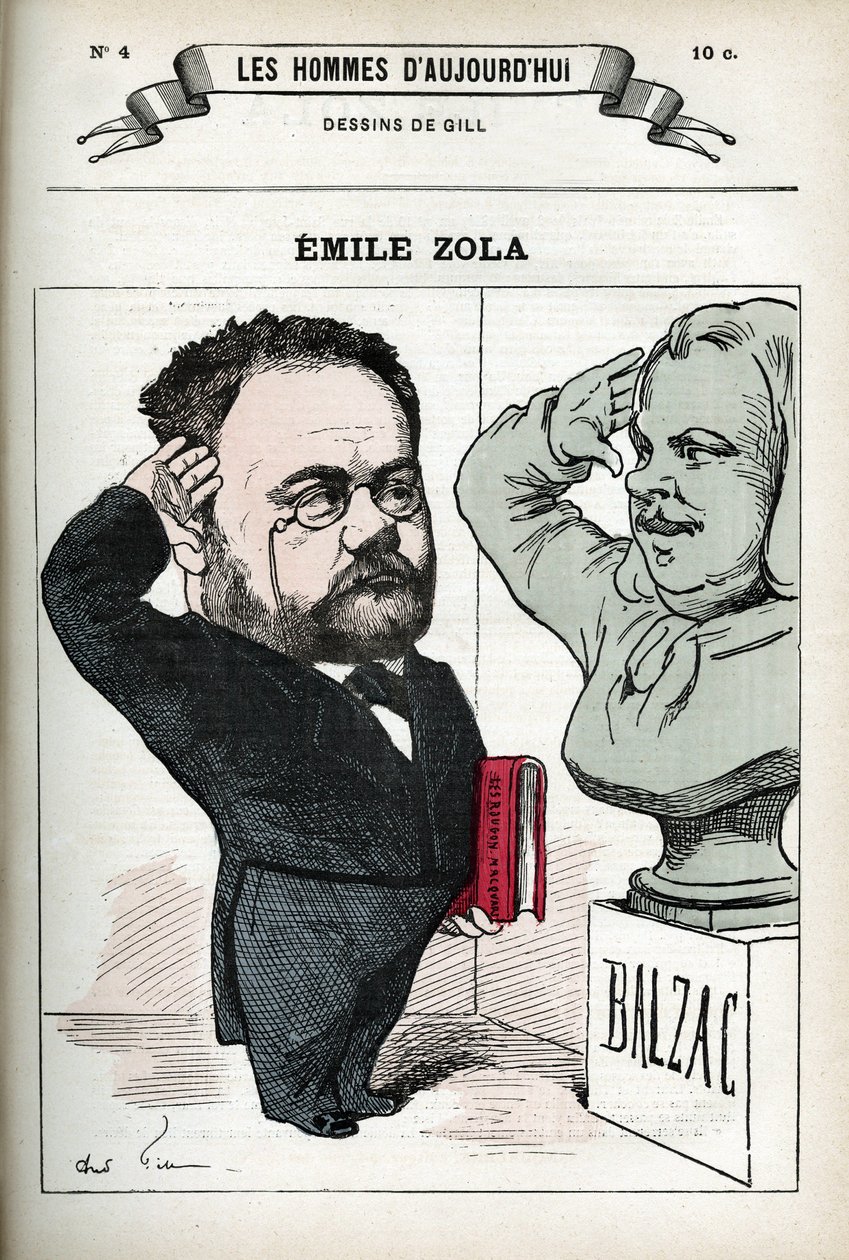Portrett av Emile Zola (1840-1902), fransk mann av bokstaven. Karikatur av Gill, Paris. av Andre Gill