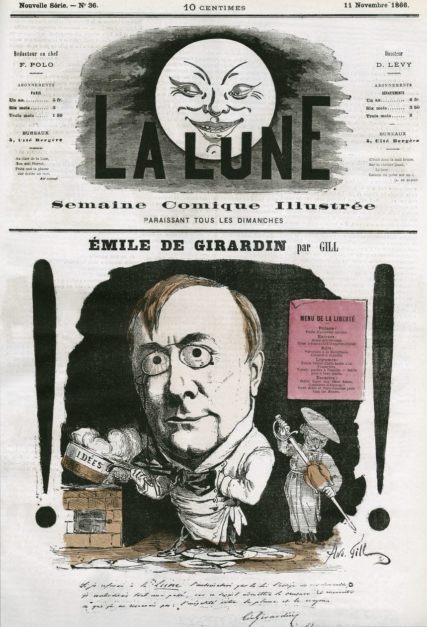 Portrett av Emile de Girardin (1806-1881), fransk journalist. Tegneserie av Gill, i "The Moon", 11. november av Andre Gill