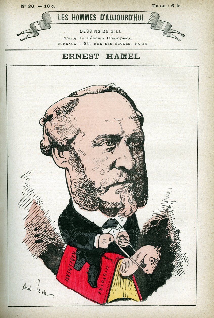 Portrett av Ernest Hamel (1826-1898), fransk advokat og politiker. Tegneserie av Gill, i «Les Homme d