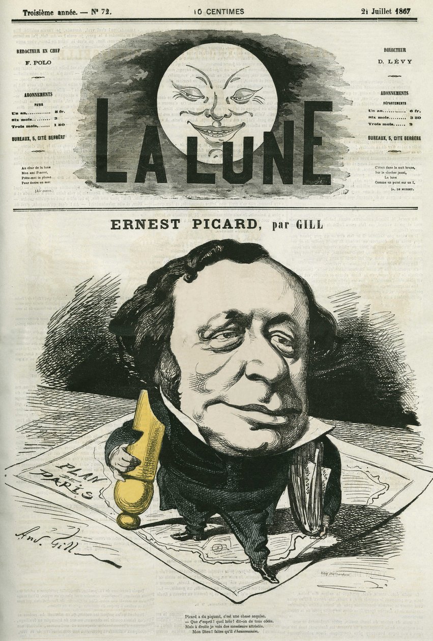 Portrett av Ernest Picard (1821-1877), fransk journalist og advokat. Tegneserie av Gill, i «La Lune», 21. juli av Andre Gill
