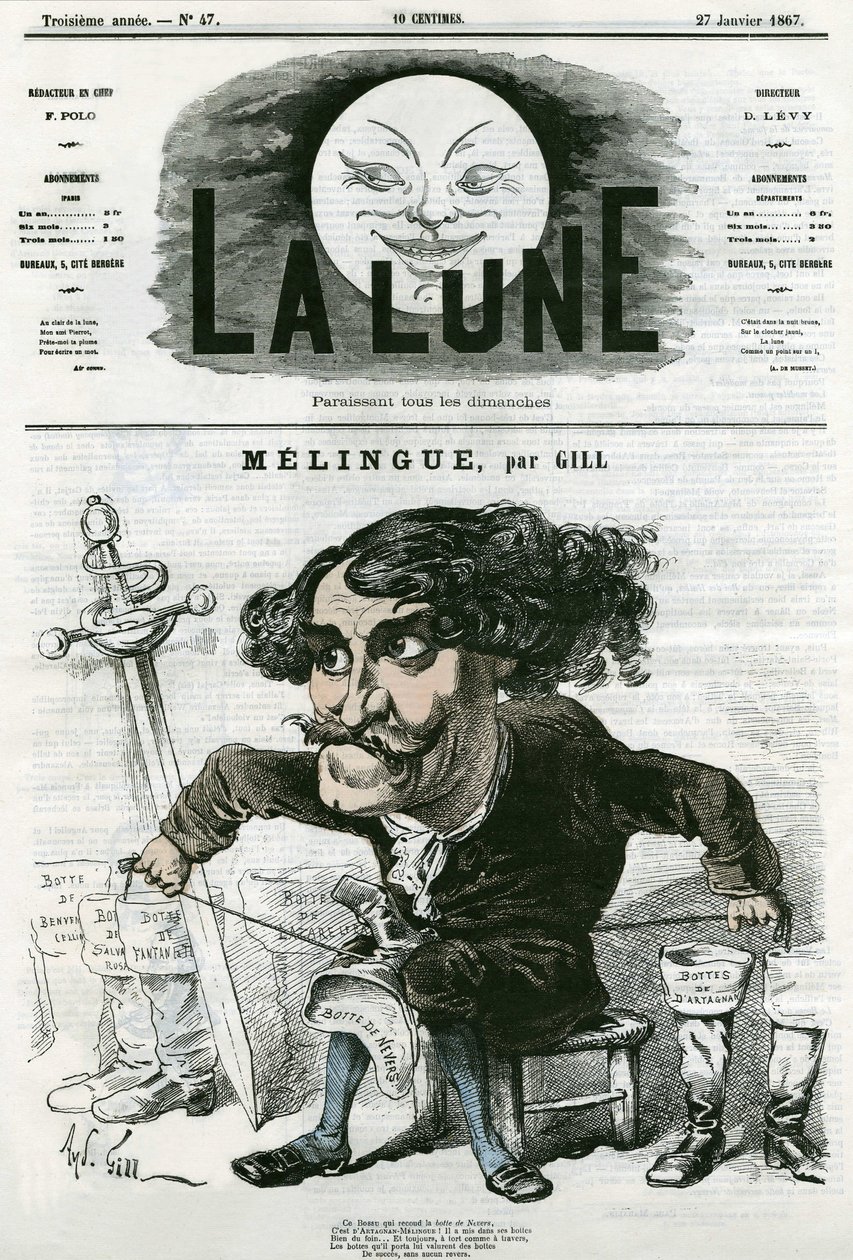 Portrett av Etienne Marin Melingue (1808-1875), fransk skuespiller og billedhugger. Tegneserie av Gill, i «La Lune», 27. januar av Andre Gill