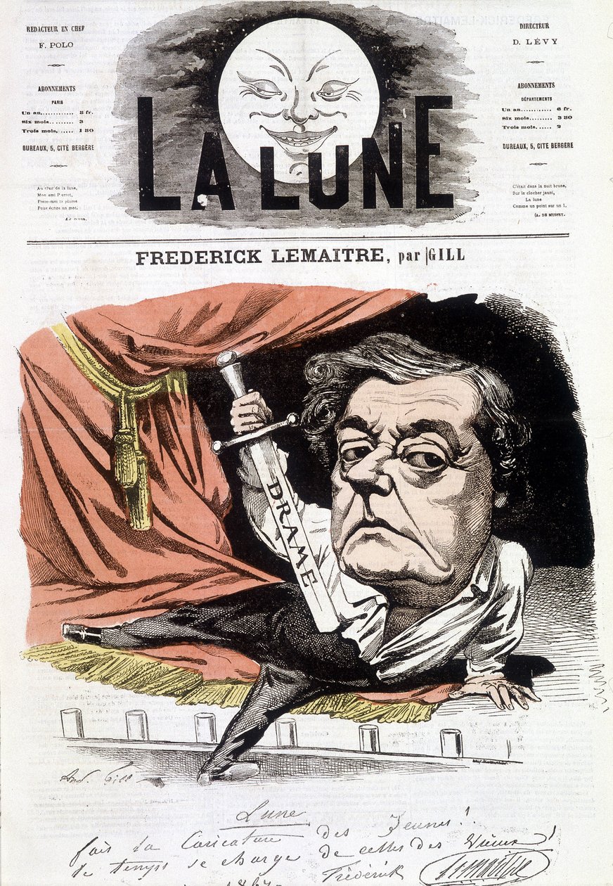 Portrett av Frédérick Lemaître (1800-1876), fransk dramatiker. Tegneserie av Gill i "The Moon", 16. juni av Andre Gill