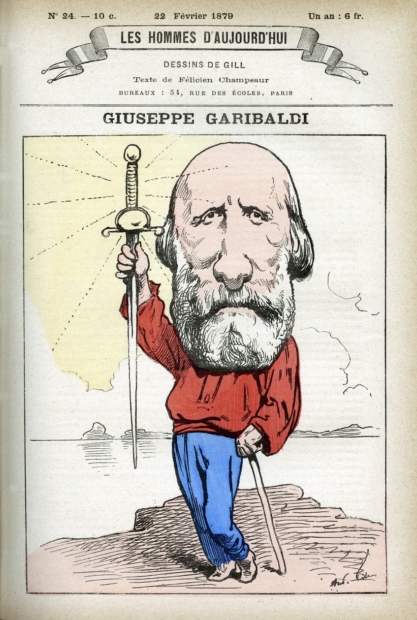 Portrett av Giuseppe Garibaldi (1807-1882), italiensk politiker. Tegneserie av Gill, i «Les Homme Today», Paris av Andre Gill