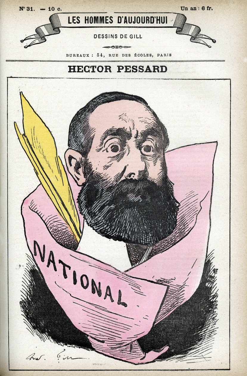 Portrett av Hector Pessard, fransk journalist og eier av avisen "" Le National"". Tegneserie av Gill, i «Les Homme d