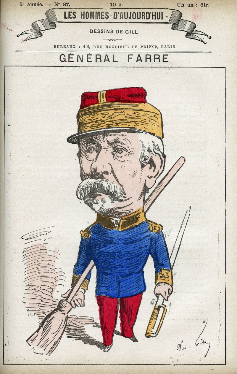 Portrett av Jean Joseph Frederic Albert Farre (1816-1887), en fransk soldat, han ble utnevnt til general i 1870 og krigsminister. Tegneserie av Gill, Paris. av Andre Gill
