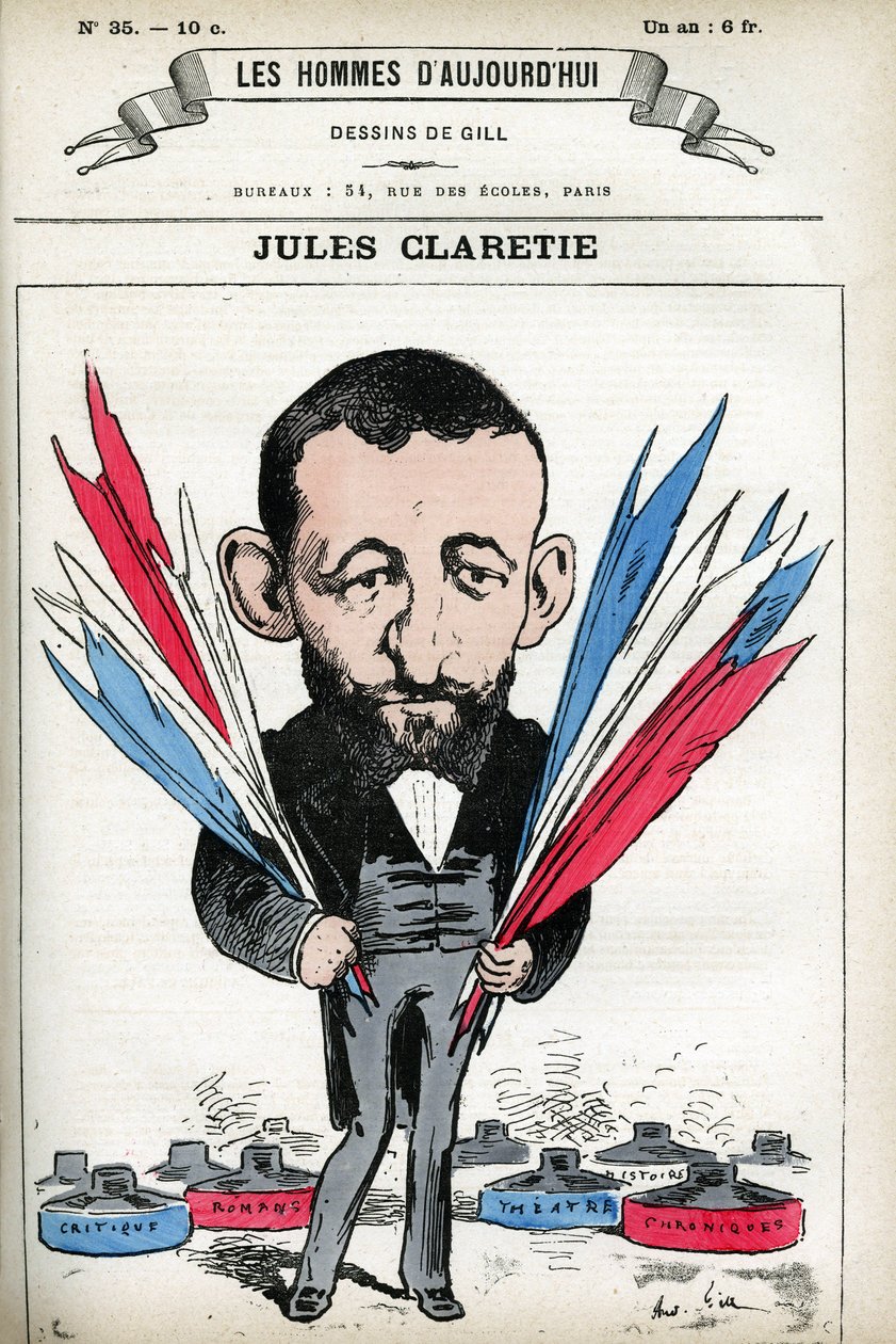 Portrett av Jules Claretie (1840-1913), fransk romanforfatter, dramatiker og kritiker. Tegneserie av Gill, i «Les Homme d
