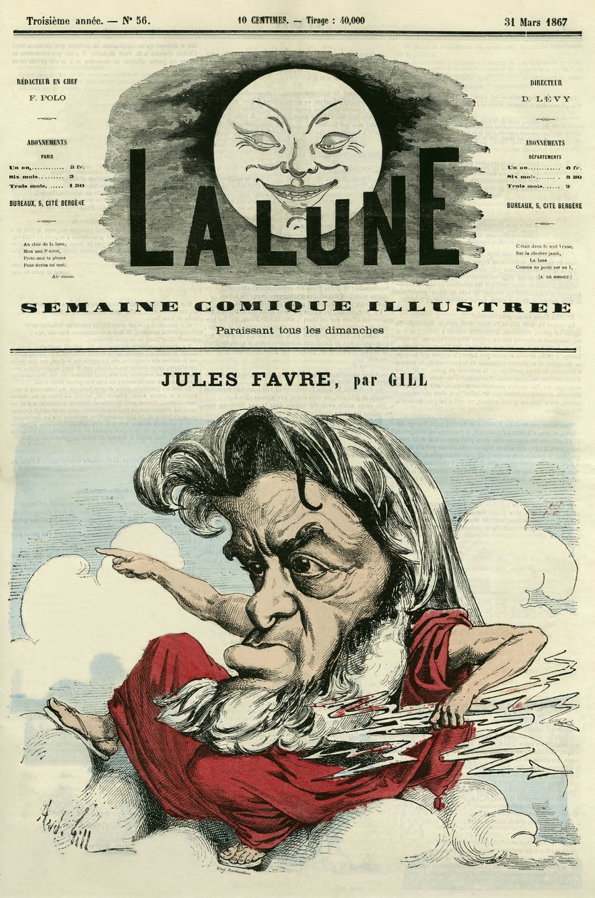 Portrett av Jules Favre (1809-1880), fransk advokat og politiker. Tegneserie av Gill, i "The Moon", 31. mars av Andre Gill