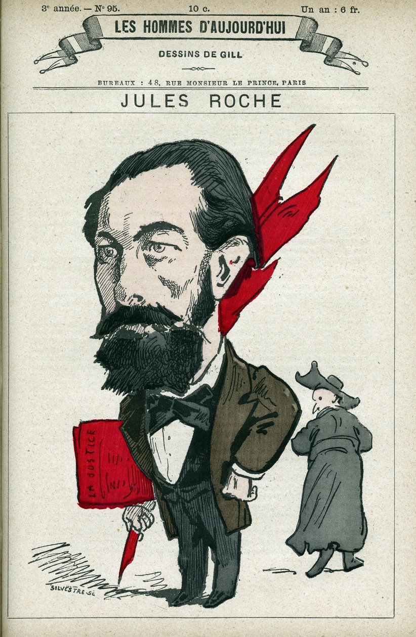Portrett av Jules Roche (1841-1923), en fransk politiker, han var nestleder og minister for handel og industri fra 1890 til 1892. Tegneserie av Gill, Paris. av Andre Gill