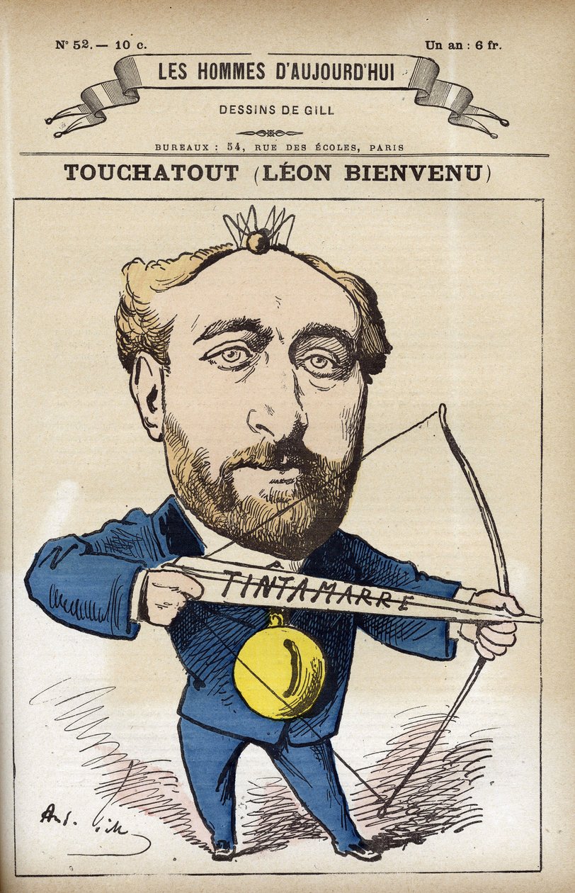 Portrett av Leon Bienvenu dit Touchatout (1835-1911), fransk journalist og forfatter av «L’Histoire de France Tintamarresque». Tegneserie av Gill, Paris. av Andre Gill