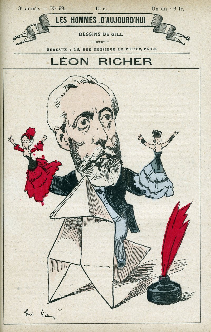 Portrett av Leon Richer (1824-1911), en fransk journalist og intellektuell, han grunnla Association pour le droit des femmes og Ligue francaise pour le droit des femmes i 1882. Tegneserie av Gill, Paris. av Andre Gill