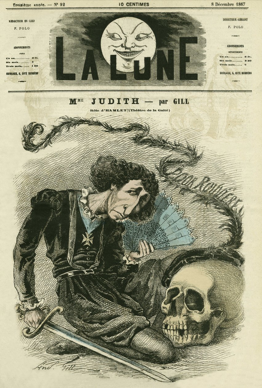 Portrett av Madame Judith (1827-?), fransk skuespiller. Tegneserie av Gill, i «La Lune», 8. desember av Andre Gill