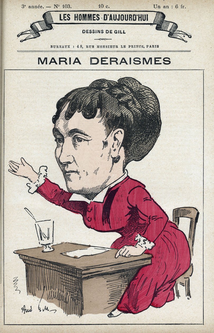 Portrett av Maria Deraismes (1828-1894), en fransk kvinne med bokstaver og feminist, hun grunnla sammen med Leon Richer, Louise Michel og Paule Minck Association pour le droit des femmes i 1869. Tegneserie av Gill, Paris. av Andre Gill
