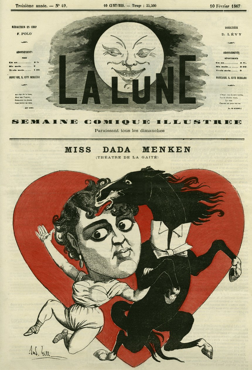Portrett av frøken Adah-Isaacs Menken, sanger ved theatre de la Gaite i Paris. Tegneserie av Gill, i "The Moon", 10. februar av Andre Gill