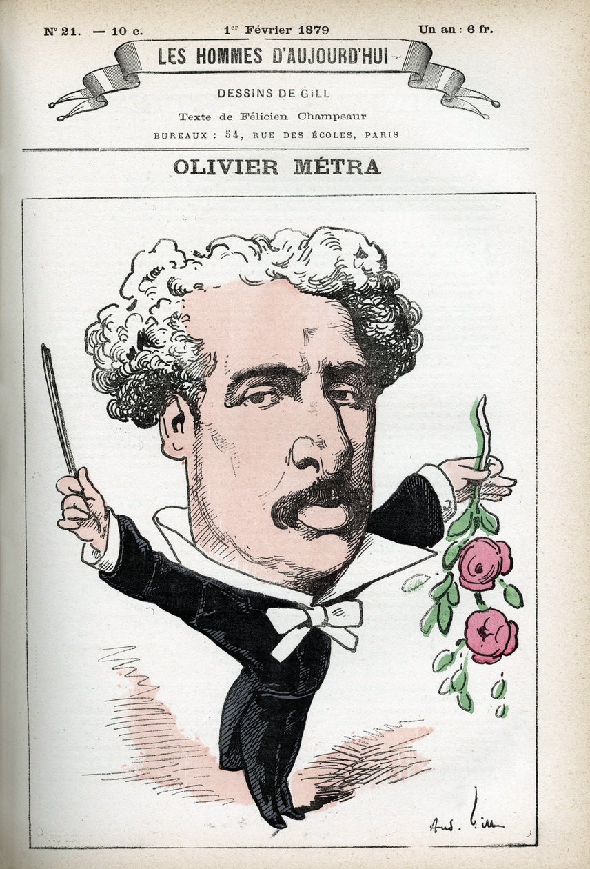 Portrett av Olivier Metra (1830-1889), fransk skuespiller, populær komponist. Tegneserie av Gill, i «Les Homme d