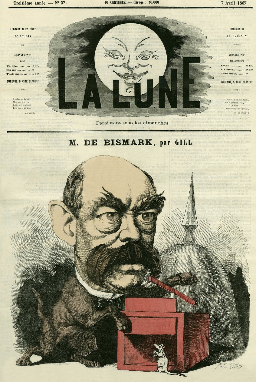Portrett av Otto von Bismarck (1815-1898), tysk kansler. Tegneserie av Gill, i "The Moon", 7. april av Andre Gill