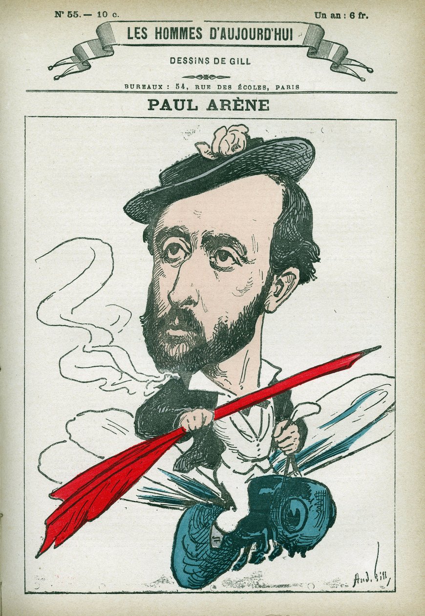 Portrett av Paul Arene (1843-1896), fransk poet og forfatter. Tegneserie av Gill, Paris. av Andre Gill