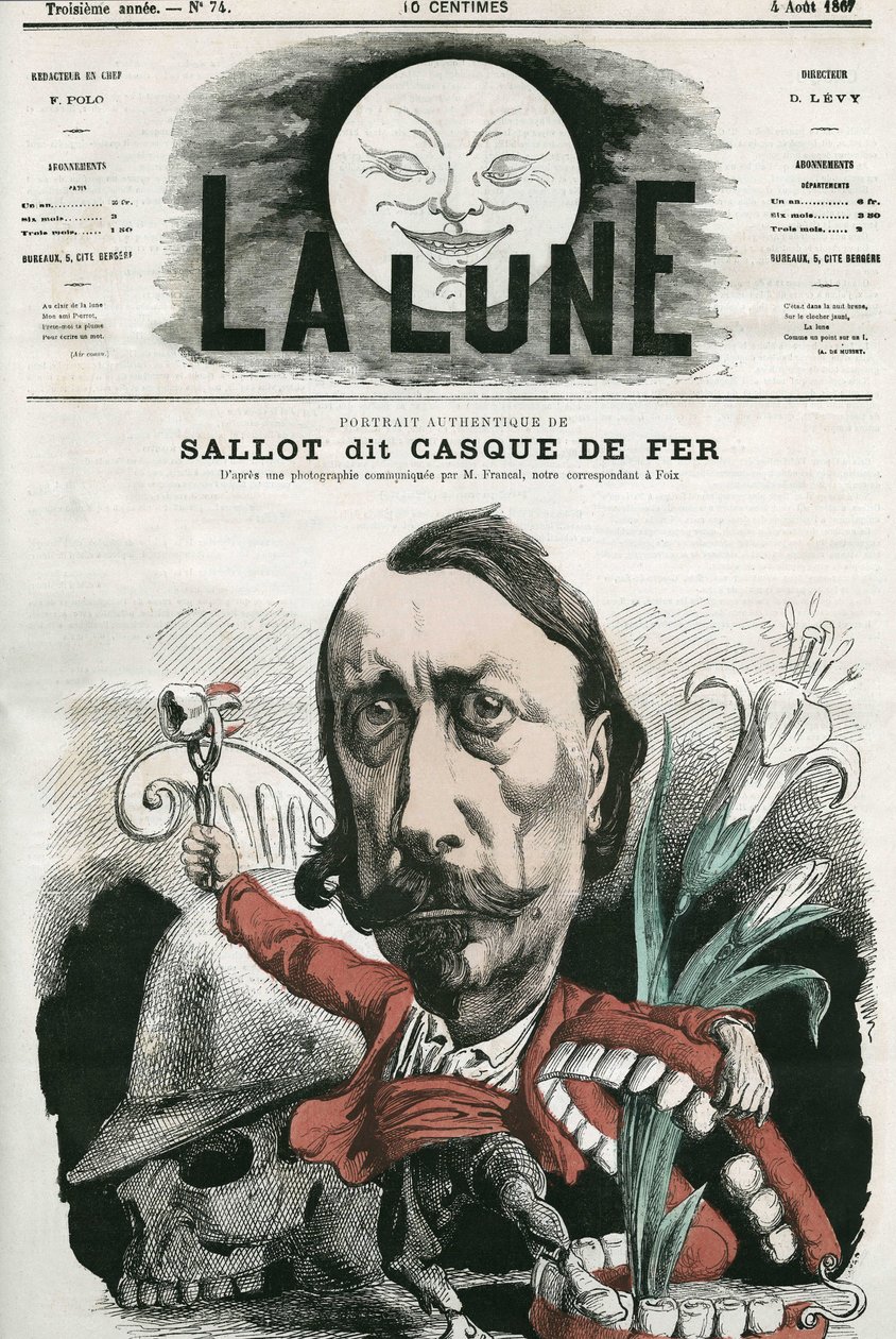 Portrett av Sallot, kjent som "jernhjelm". Karikatur av Gill, i «La Lune», 4. august av Andre Gill