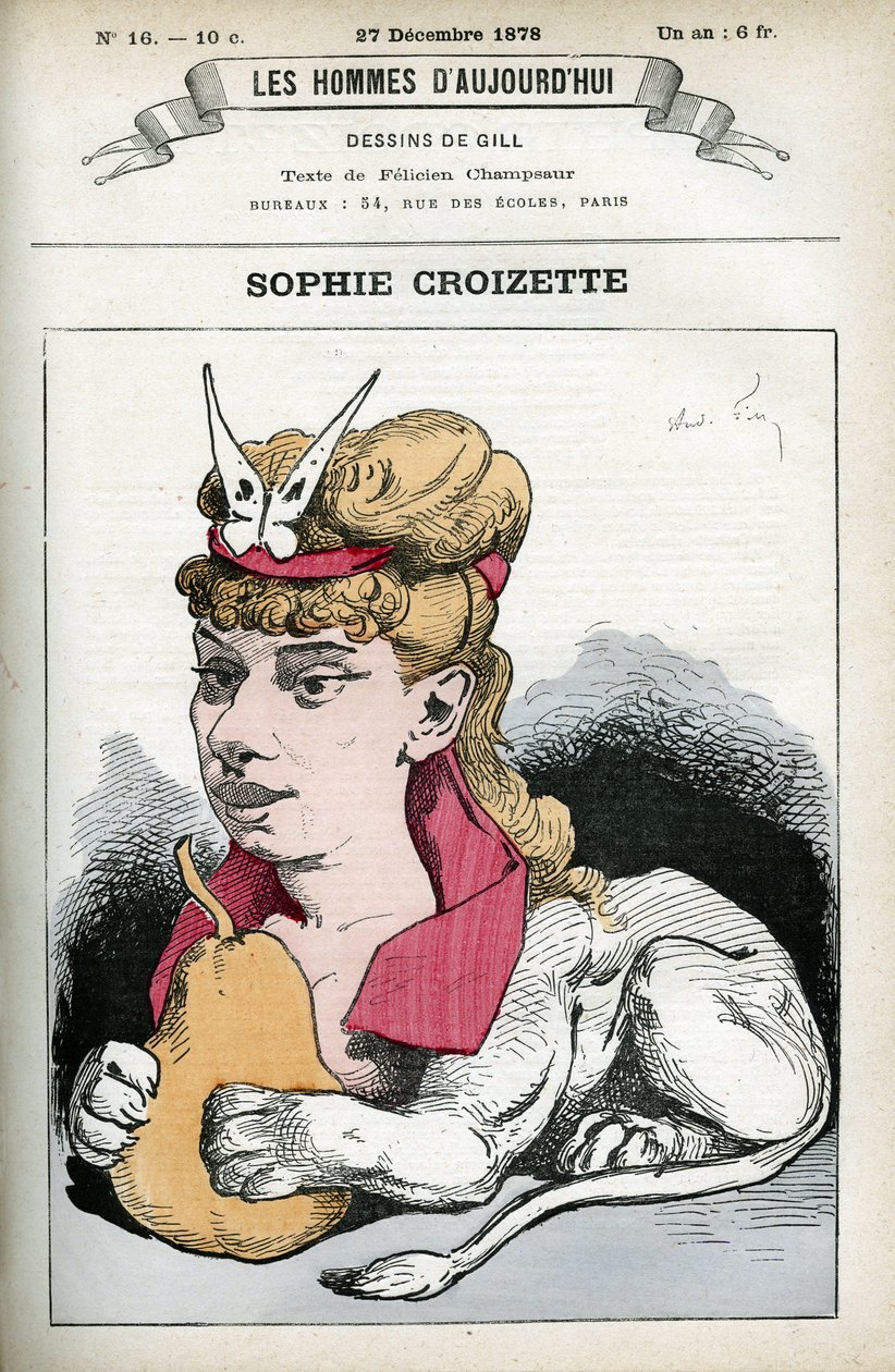Portrett av Sophie Croizette, fransk teaterskuespillerinne. Karikatur av Gill, Paris. av Andre Gill