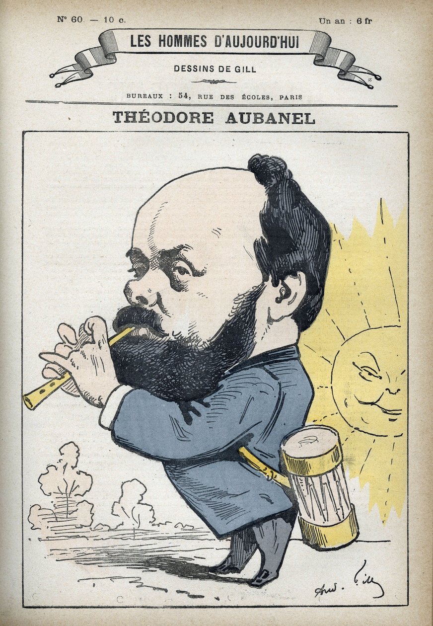 Portrett av Theodore Aubanel (1829-1886), fransk skriver og provençalsk poet. Tegneserie av Gill, Paris. av Andre Gill