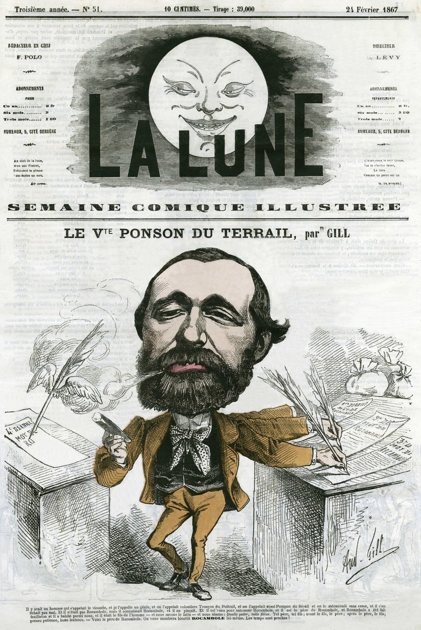 Portrett av Viconte Ponson du Terrail (1829-1871), fransk populær forfatter, forfatter av en roman-såpeopera. Tegneserie av Gill, i "The Moon", 24. februar av Andre Gill