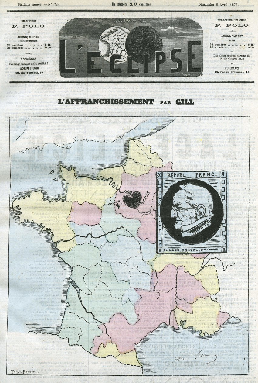 Porto, kart over Frankrike i fire soner og dets stempel med profilen til republikkens president Adolphe Thiers (1797-1877). Omslag i "" L'Eclipse"" av Gill, 6. april av Andre Gill