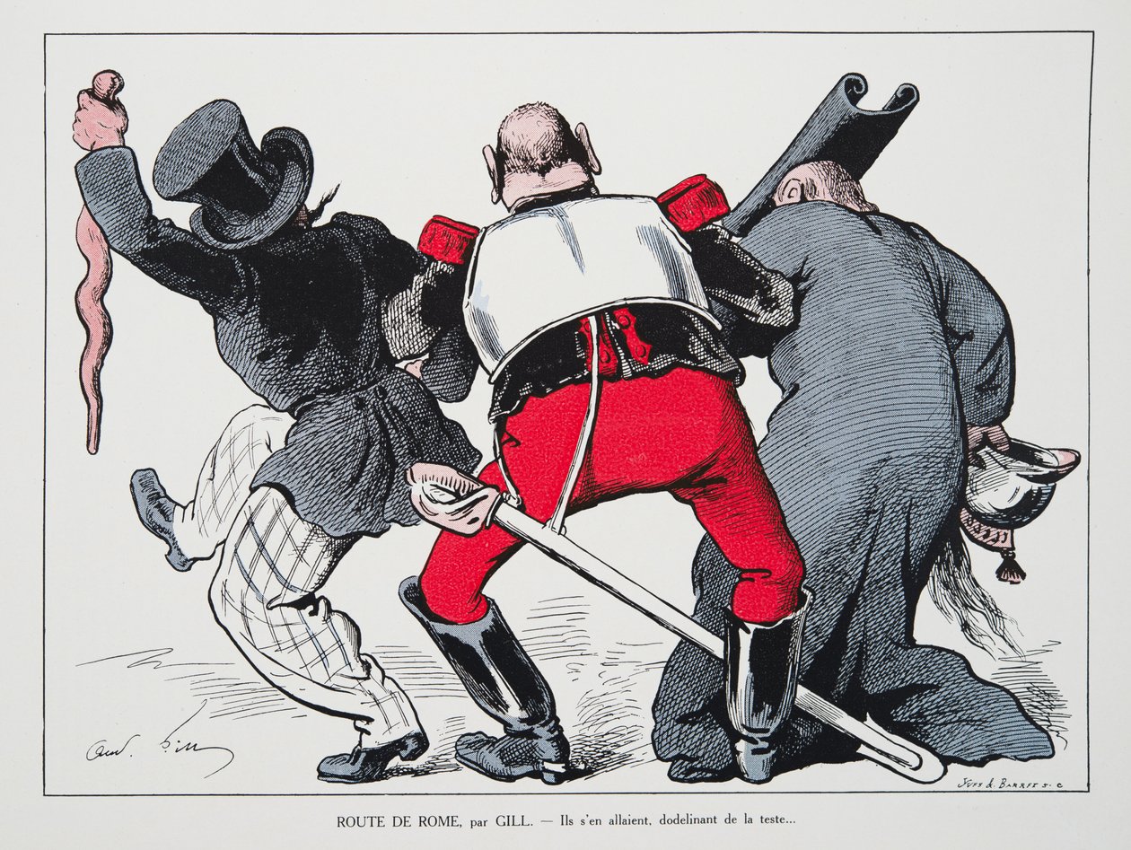 Veien til Roma - de gikk, nikket med hodet, fra History of the Third Republic, Vol. I, Politisk historie, pub.1933 av Andre Gill